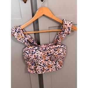 BOG Collective Floral Bustier Crop Top Pink Ruffle Strap‎ Smocked Back Small